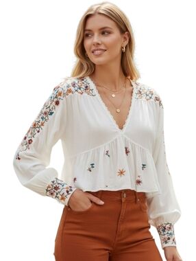 Free People Ava Embroidered Boho Blouse Festival Crop Top XS S